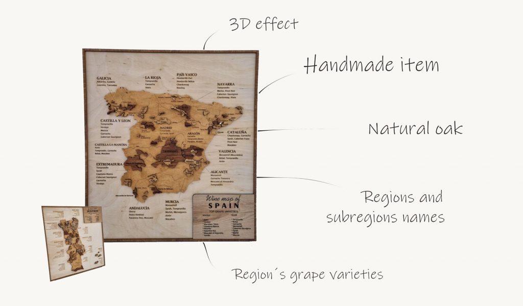 wine regions map made in oak wood